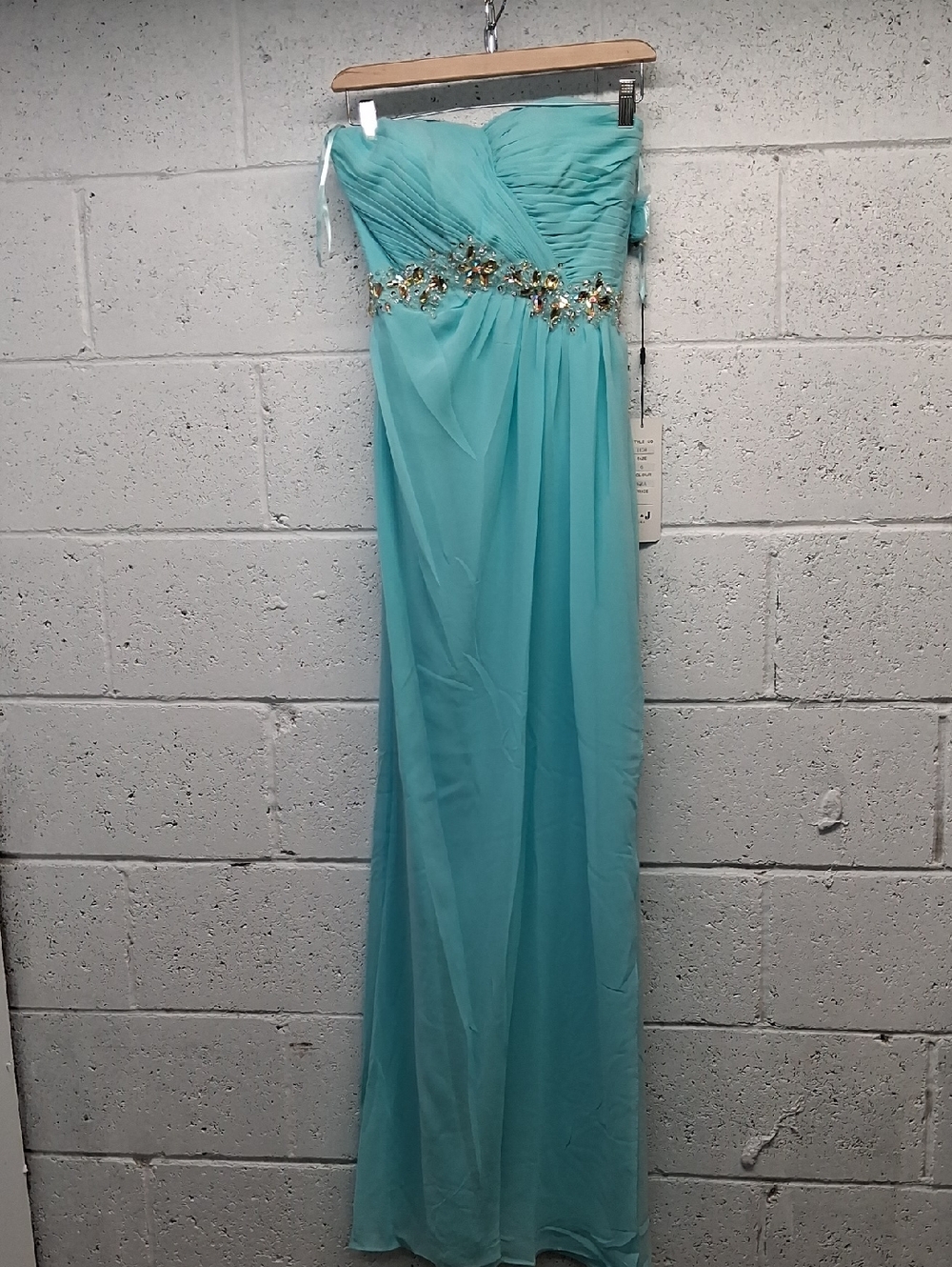 NWT Womens Strapless Turquoise Aqua Evening Gown with Gold Embellishment
